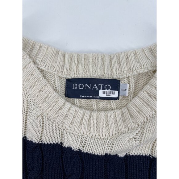 Donato Mens Large Cable Knit Cotton Sweater Striped Navy Cream Crewneck Nautical - Picture 3 of 8